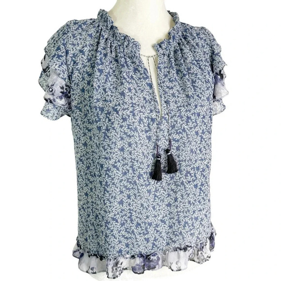 Misa Olga Ruffle Sleeve Mixed Print Boho Blouse Top Blue Size M - Picture 5 of 12